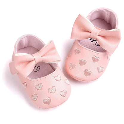 Baby Shoes Classic Dress Cute Bow-Knot Heart Anti-Slip Soft Sole First Walkers Infant Baby Girls Toddler Shoes 0-18M