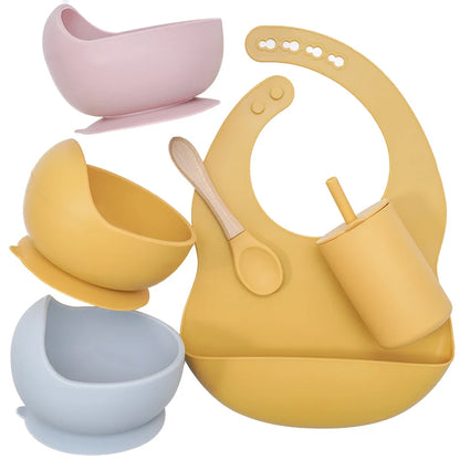 Baby Feeding Bowl Set Silicone Bibs Non-Slip Baby Silicone Tableware BPA Free Silicone Chewing Food Grade Newborn Accessories