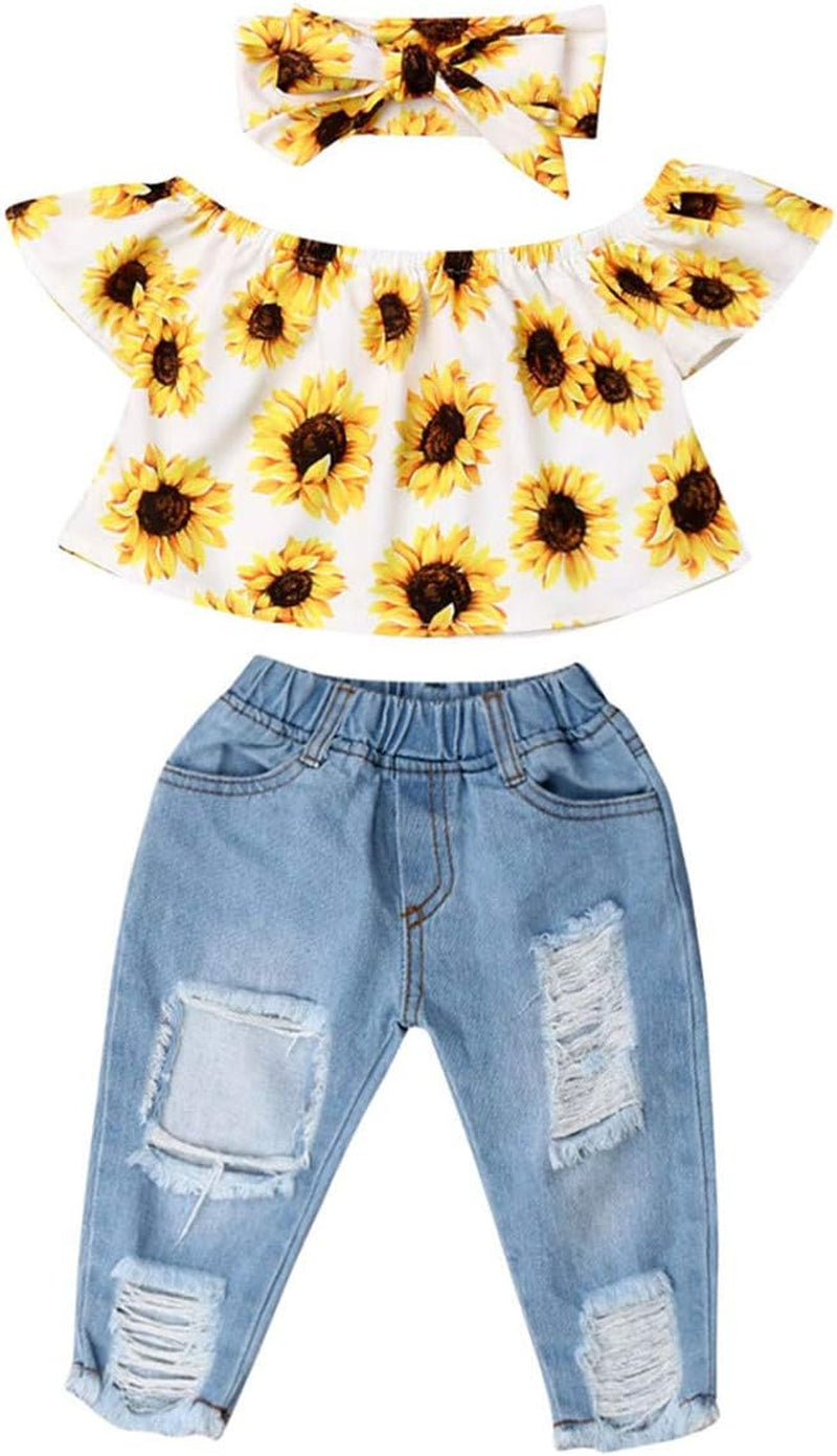 3Pcs/Set Toddler Baby Girls off Shoulder Ruffle Top Blouse + Ripped Hole Jean Denim Pants + Headband Outfit Clothing Set