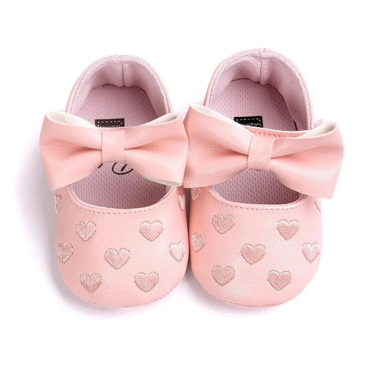 Baby Shoes Classic Dress Cute Bow-Knot Heart Anti-Slip Soft Sole First Walkers Infant Baby Girls Toddler Shoes 0-18M